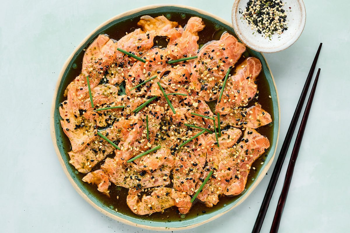 furikake salmon sashimi with ponzu dressing recipe from herbie's kitchen